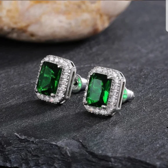 Swarovski Elements 925 Sterling Silver Emerald Green HaloEarrings NEW - Picture 9 of 14